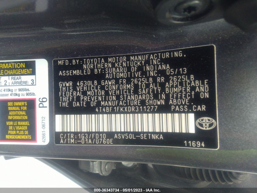 2013 TOYOTA CAMRY L/LE/SE/XLE - 4T4BF1FKXDR311277