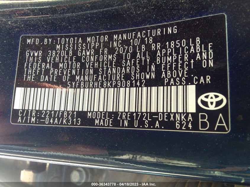 VIN 5YFBURHE8KP908142 2019 TOYOTA COROLLA L/LE/SE/XLE/XSE