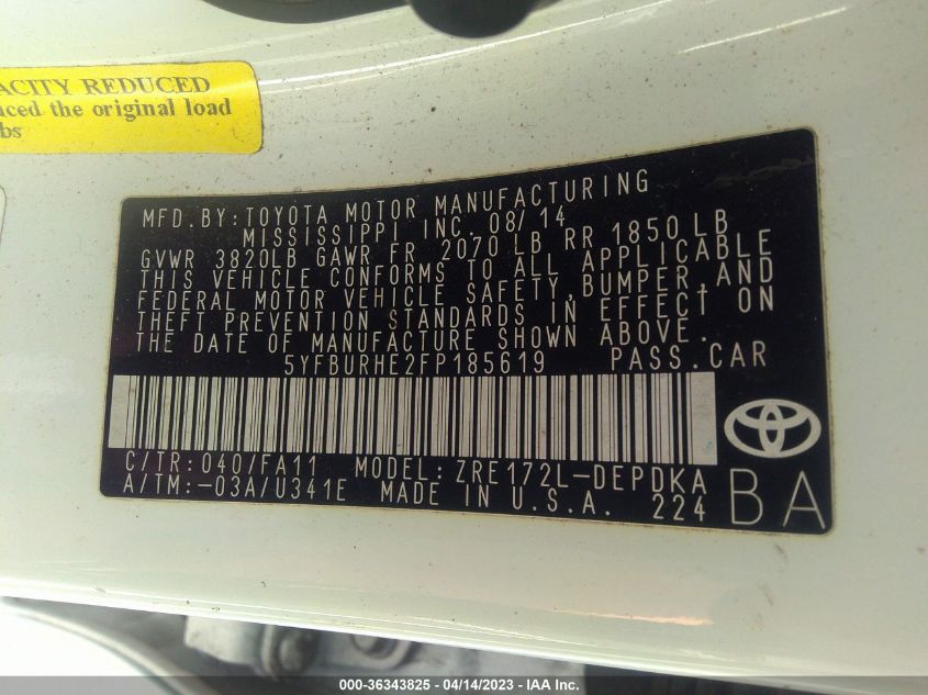 2015 TOYOTA COROLLA L/LE/S/S PLUS/LE PLUS - 5YFBURHE2FP185619