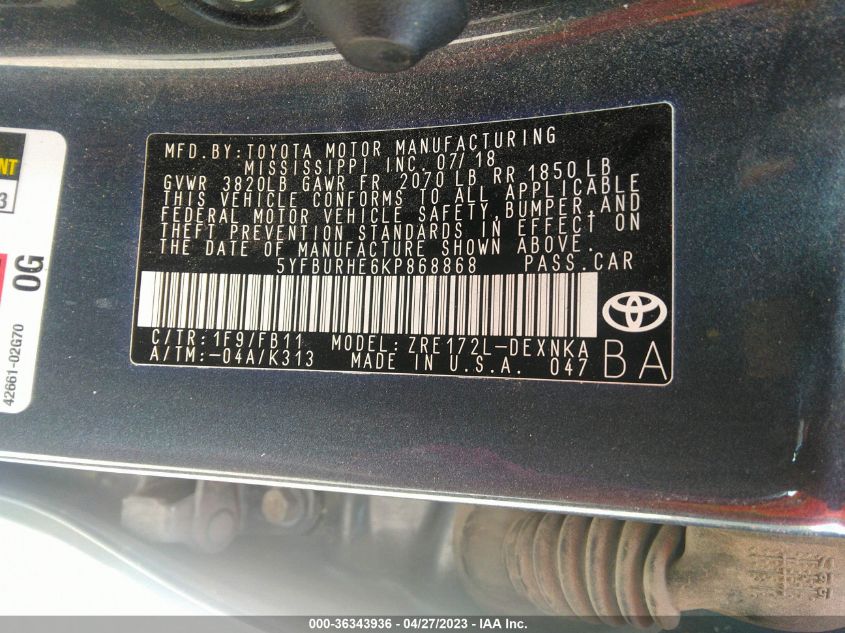 2019 TOYOTA COROLLA L/LE/SE/XLE/XSE - 5YFBURHE6KP868868