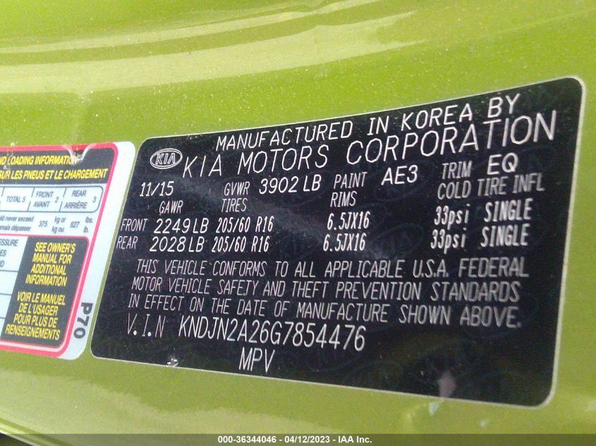 2016 KIA SOUL BASE - KNDJN2A26G7854476