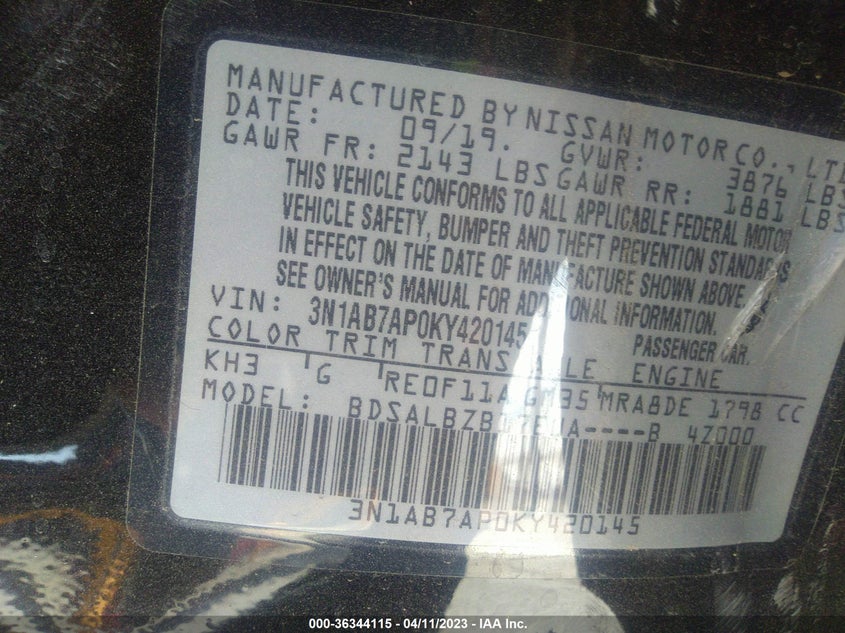 VIN 3N1AB7AP0KY420145 2019 NISSAN SENTRA S