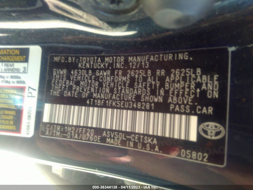 2014 TOYOTA CAMRY L/LE/XLE/SE/SE SPORT - 4T1BF1FK5EU348281