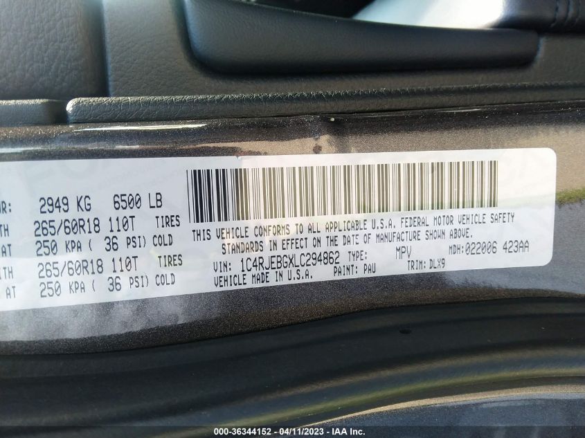 2020 JEEP GRAND CHEROKEE LIMITED - 1C4RJEBGXLC294862