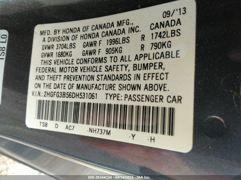 2013 HONDA CIVIC CPE LX 2HGFG3B56DH531061