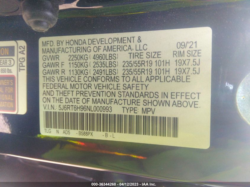 2022 HONDA CR-V HYBRID TOURING 5J6RT6H96NL000993