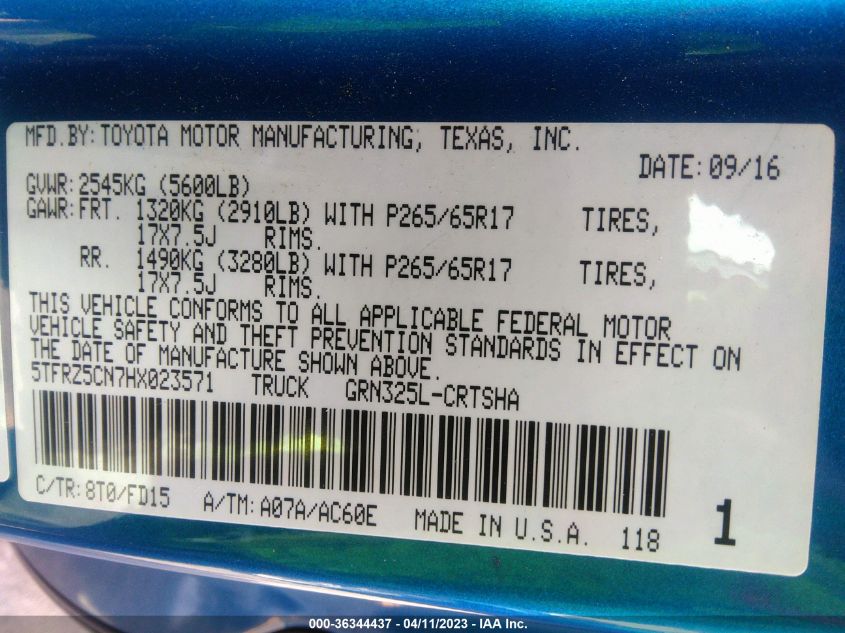 2017 TOYOTA TACOMA SR5/SR/TRD SPORT - 5TFRZ5CN7HX023571