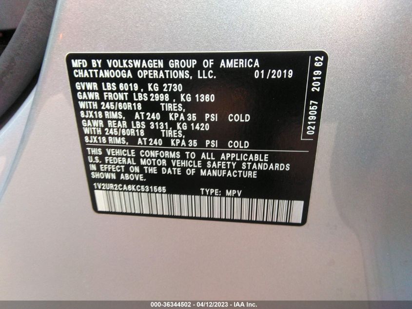 2019 VOLKSWAGEN ATLAS 3.6L V6 SE W/TECHNOLOGY - 1V2UR2CA6KC531565