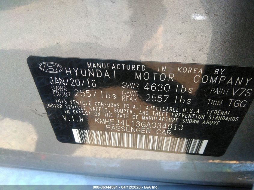 2016 HYUNDAI SONATA HYBRID LIMITED - KMHE34L13GA034913