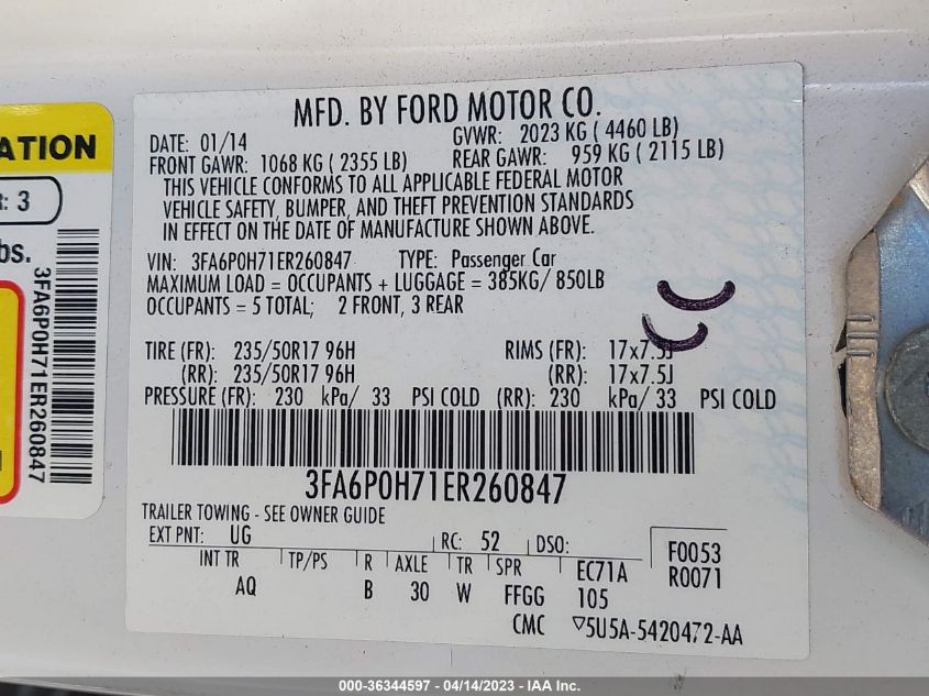 2014 FORD FUSION SE - 3FA6P0H71ER260847