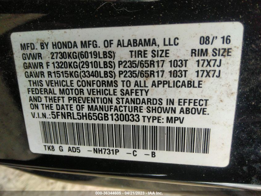 2016 HONDA ODYSSEY EX-L - 5FNRL5H65GB130033