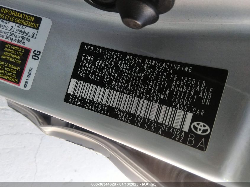 2014 TOYOTA COROLLA L/LE/S/S PLUS/LE PLUS - 5YFBURHE5EP167193