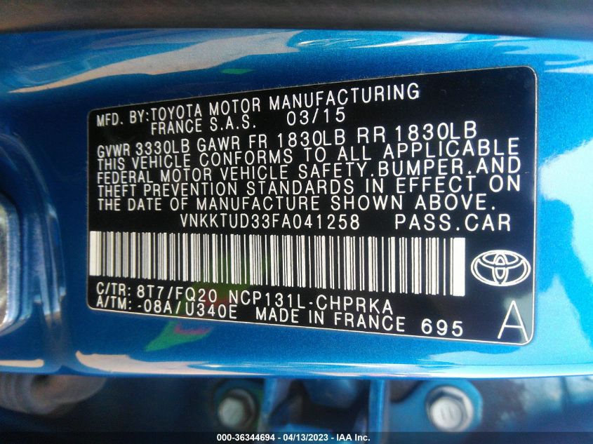 2015 TOYOTA YARIS L/SE/LE - VNKKTUD33FA041258