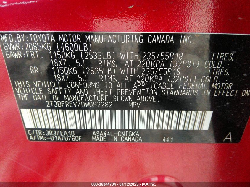 2013 TOYOTA RAV4 LIMITED - 2T3DFREV7DW092282