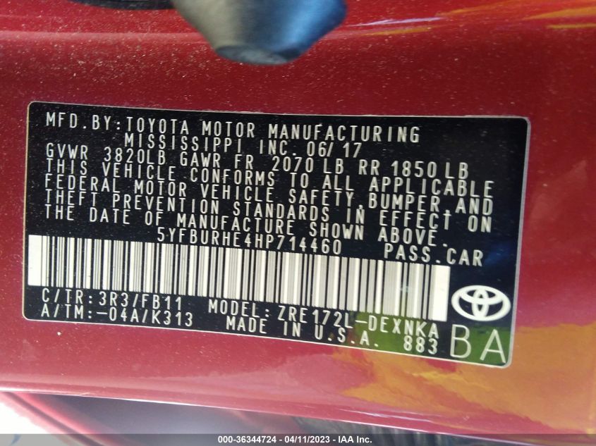 2017 TOYOTA COROLLA L/LE/XLE/SE - 5YFBURHE4HP714460