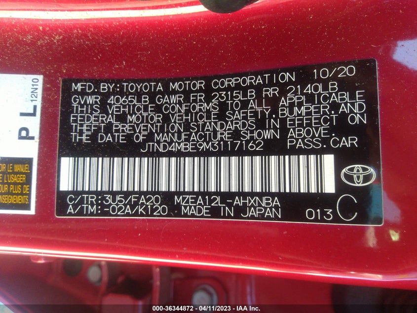 VIN JTND4MBE9M3117162 2021 TOYOTA COROLLA HATCHBACK SE