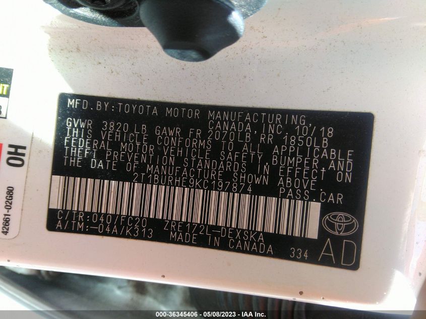 2019 TOYOTA COROLLA L/LE/SE/XLE/XSE - 2T1BURHE9KC197874