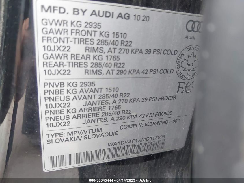 2021 AUDI Q8 PROGRESSIV - WA1DVAF1XMD013596
