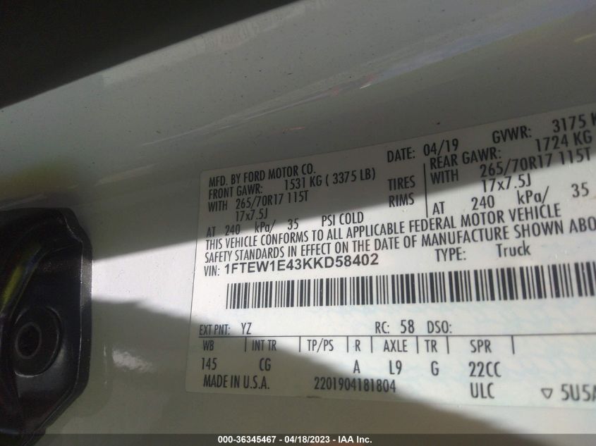 2019 FORD F-150 XL/XLT/LARIAT - 1FTEW1E43KKD58402
