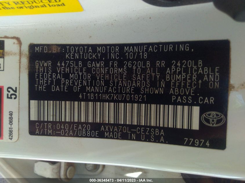 2019 TOYOTA CAMRY LE/SE/XLE/L - 4T1B11HK7KU701921