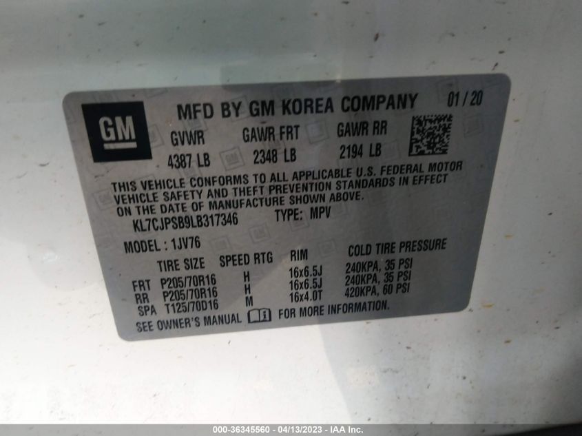 2020 CHEVROLET TRAX LT - KL7CJPSB9LB317346