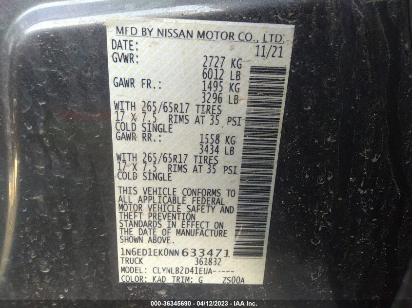 2022 NISSAN FRONTIER SV - 1N6ED1EK0NN633471