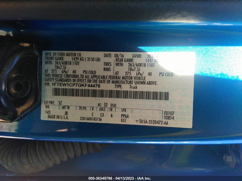 2016 FORD F-150 XL/LARIAT/XLT - 1FTEW1CP7GKF44478