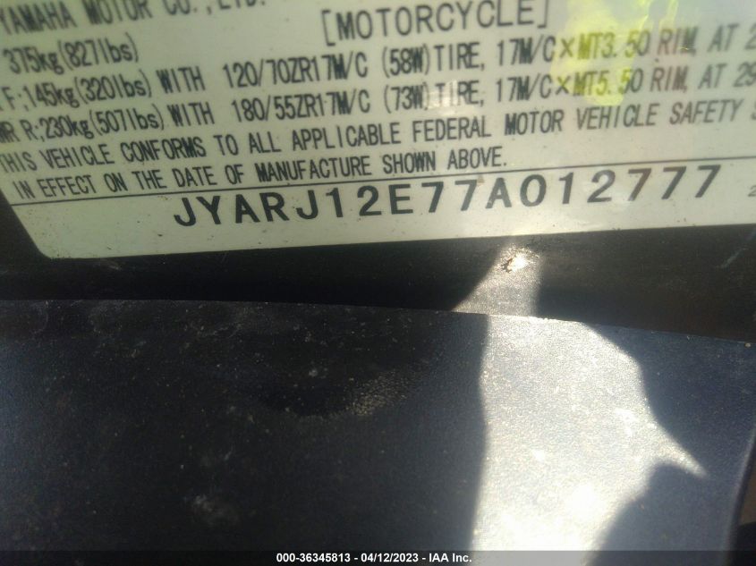 2007 YAMAHA YZFR6 L JYARJ12E77A012777