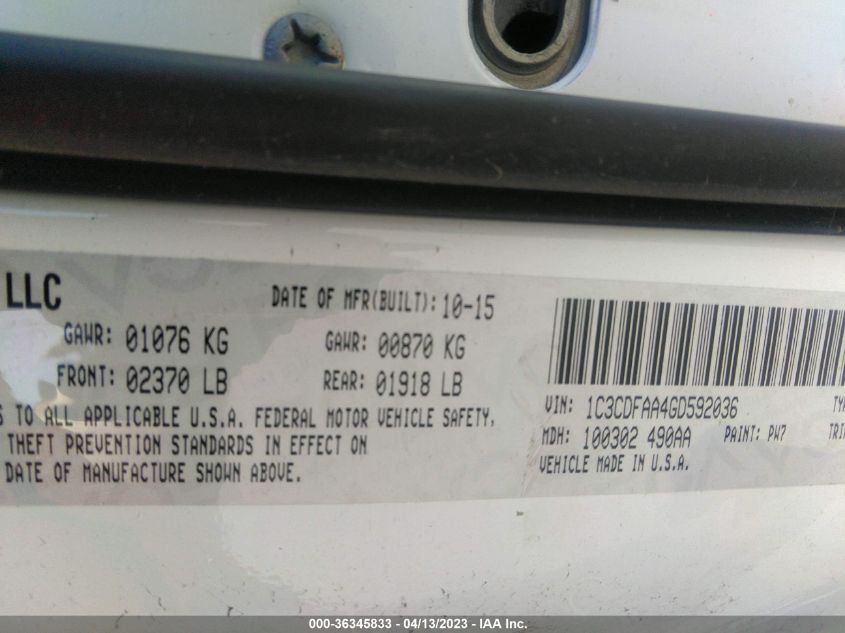 2016 DODGE DART SE - 1C3CDFAA4GD592036