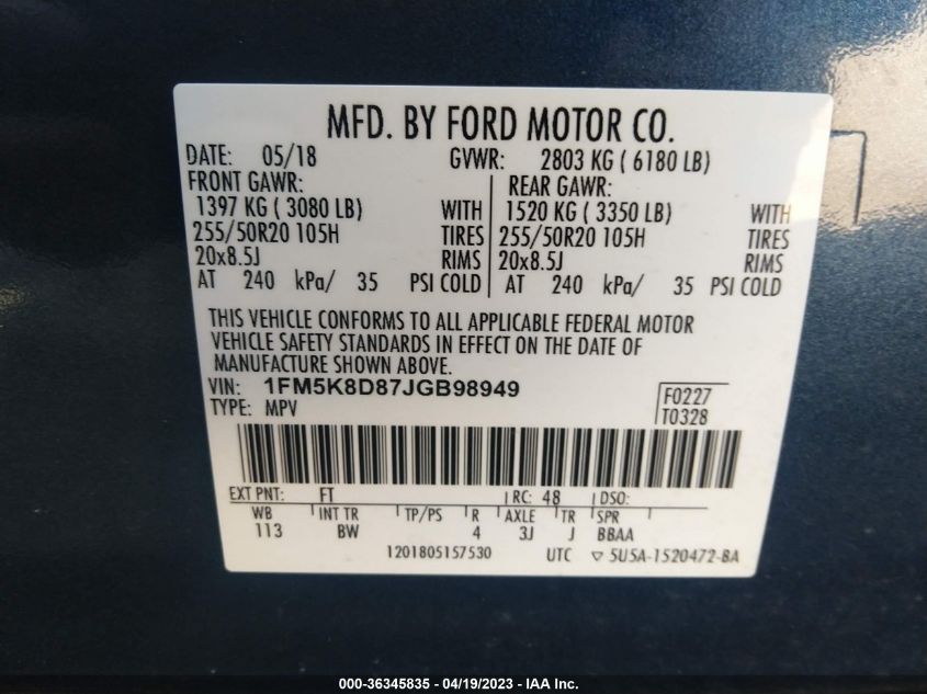 2018 FORD EXPLORER XLT - 1FM5K8D87JGB98949