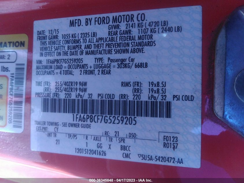 2016 FORD MUSTANG GT - 1FA6P8CF7G5259205