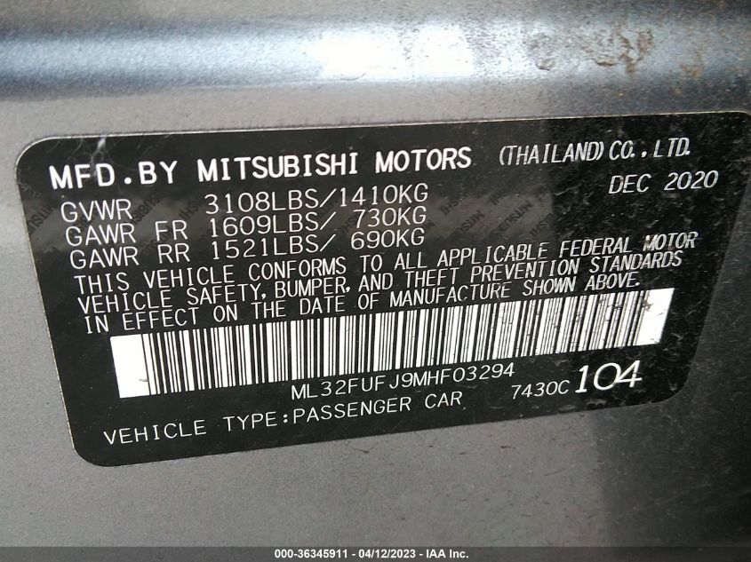 2021 MITSUBISHI MIRAGE G4 ES/LE/CARBONITE EDITION - ML32FUFJ9MHF03294