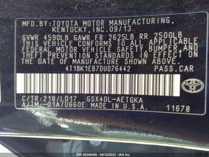 2013 TOYOTA AVALON XLE/LIMITED - 4T1BK1EB7DU076442