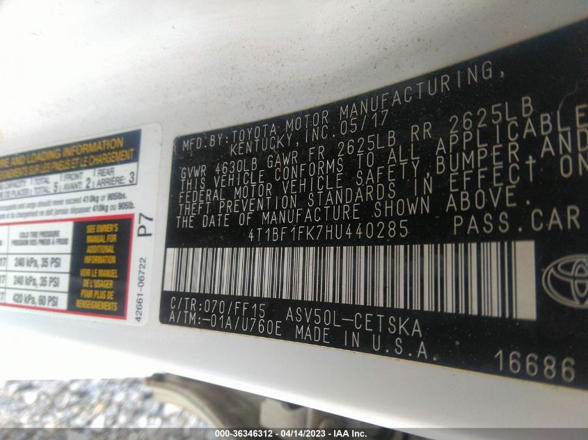 2017 TOYOTA CAMRY XLE/SE/LE/XSE - 4T1BF1FK7HU440285