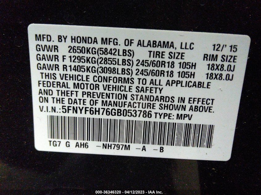 2016 HONDA PILOT EX-L - 5FNYF6H76GB053786