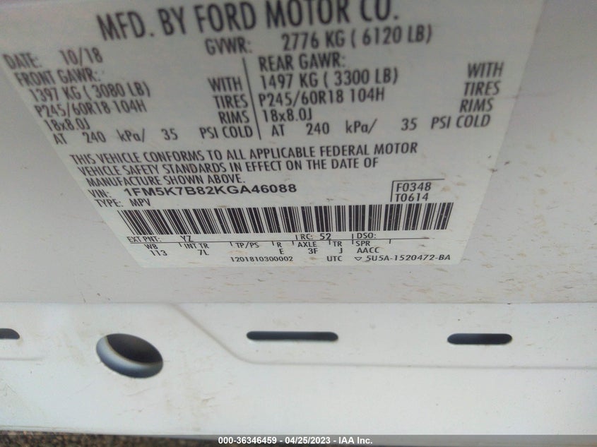 VIN 1FM5K7B82KGA46088 2019 FORD EXPLORER BASE