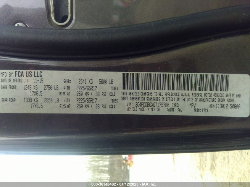 2016 DODGE JOURNEY SXT - 3C4PDDBGXGT179780