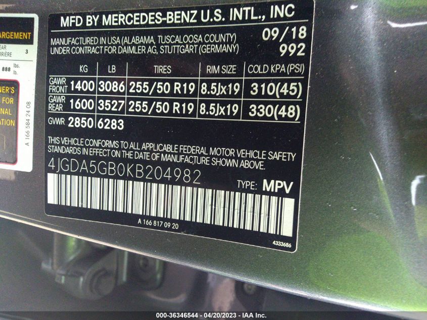 2019 MERCEDES-BENZ GLE GLE 400 - 4JGDA5GB0KB204982