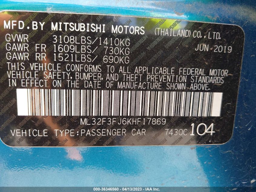 2019 MITSUBISHI MIRAGE G4 ES/RF - ML32F3FJ6KHF17869