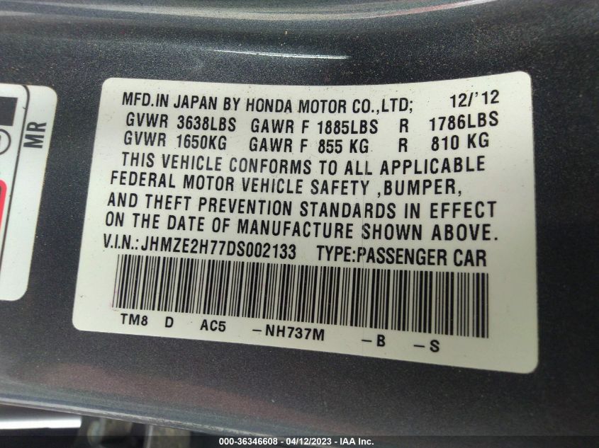 2013 HONDA INSIGHT EX - JHMZE2H77DS002133