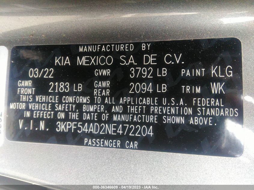 2022 KIA FORTE GT-LINE - 3KPF54AD2NE472204