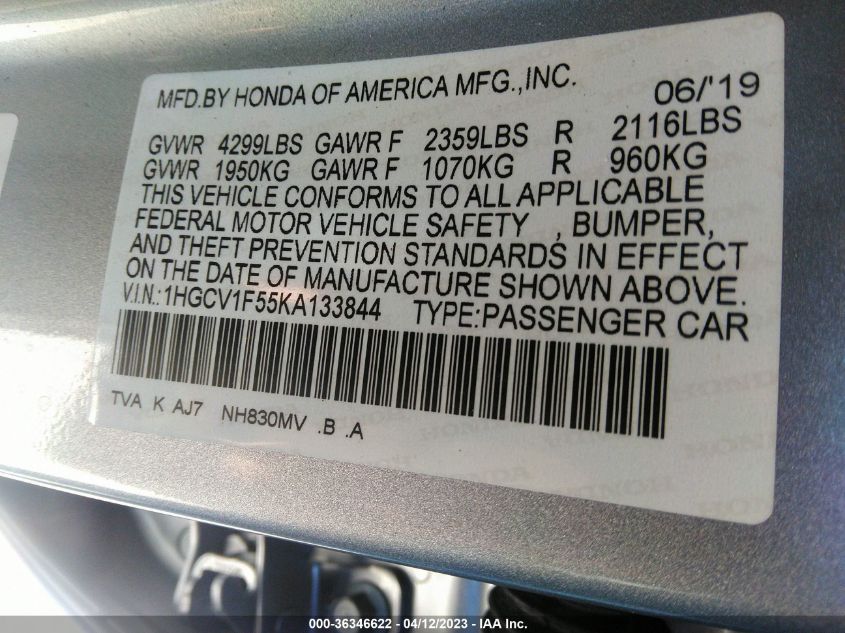 2019 HONDA ACCORD EXL - 1HGCV1F55KA133844