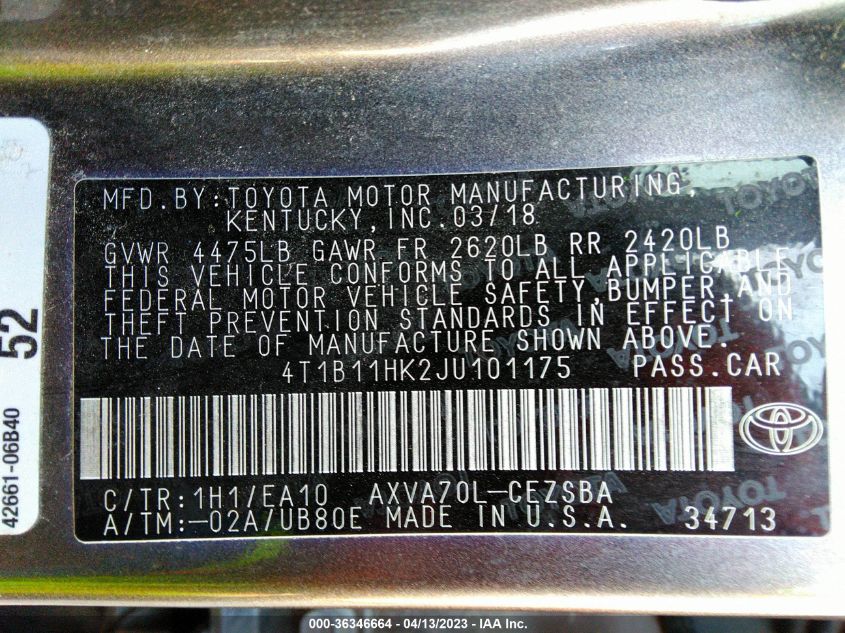 2018 TOYOTA CAMRY LE/SE/XLE/L - 4T1B11HK2JU101175