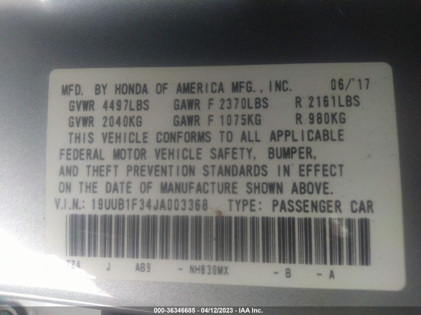 2018 ACURA TLX - 19UUB1F34JA003368