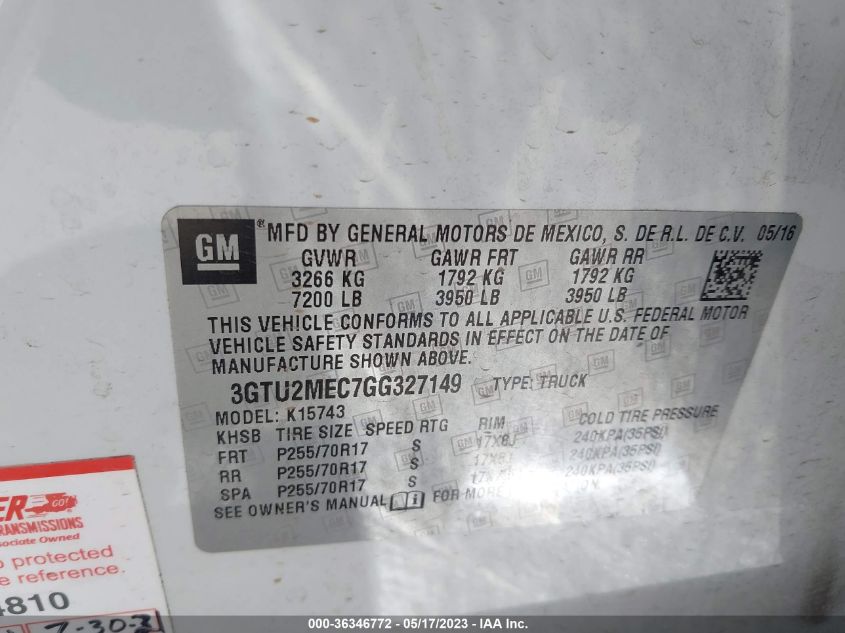 2016 GMC SIERRA 1500 SLE - 3GTU2MEC7GG327149