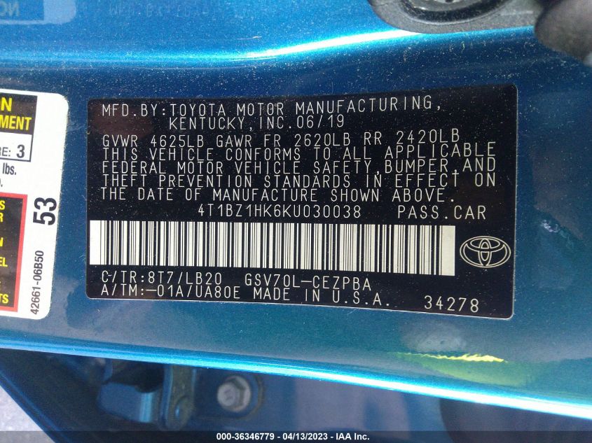 2019 TOYOTA CAMRY V6 - 4T1BZ1HK6KU030038