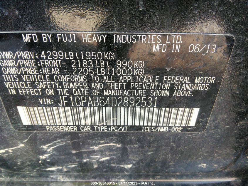 2013 SUBARU IMPREZA WAGON 2.0I PREMIUM - JF1GPAB64D2892531