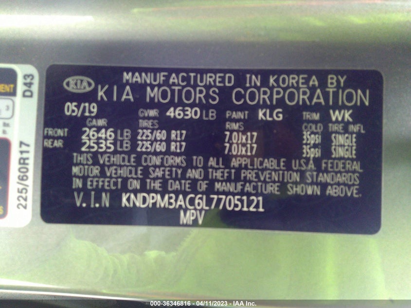 VIN KNDPM3AC6L7705121 2020 KIA SPORTAGE LX