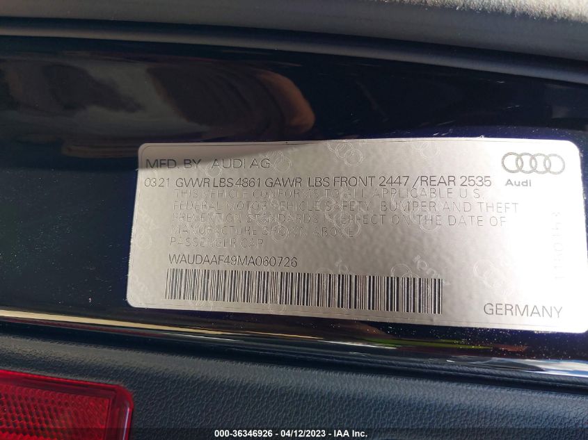 2021 AUDI A4 SEDAN S LINE PREMIUM - WAUDAAF49MA060726