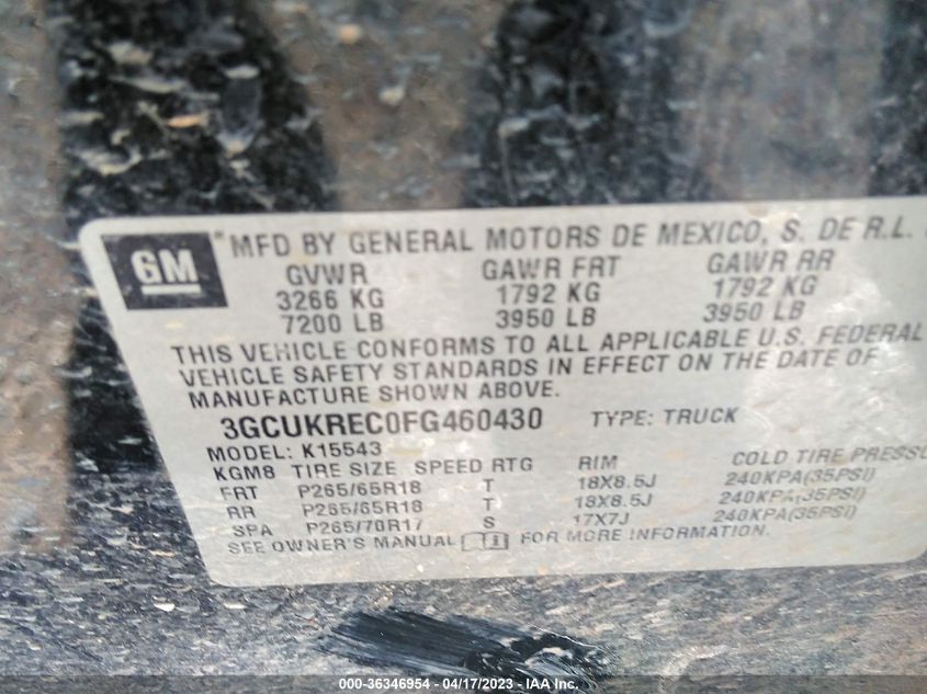 2015 CHEVROLET SILVERADO 1500 LT - 3GCUKREC0FG460430